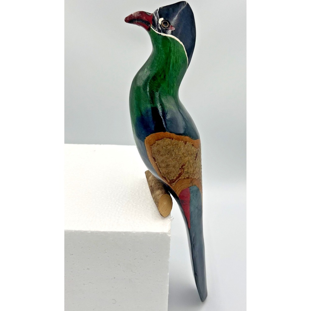 Vintage Hand‎ Carved Wooden Bird Decoy 8" Standing Tree Perch Folk Art